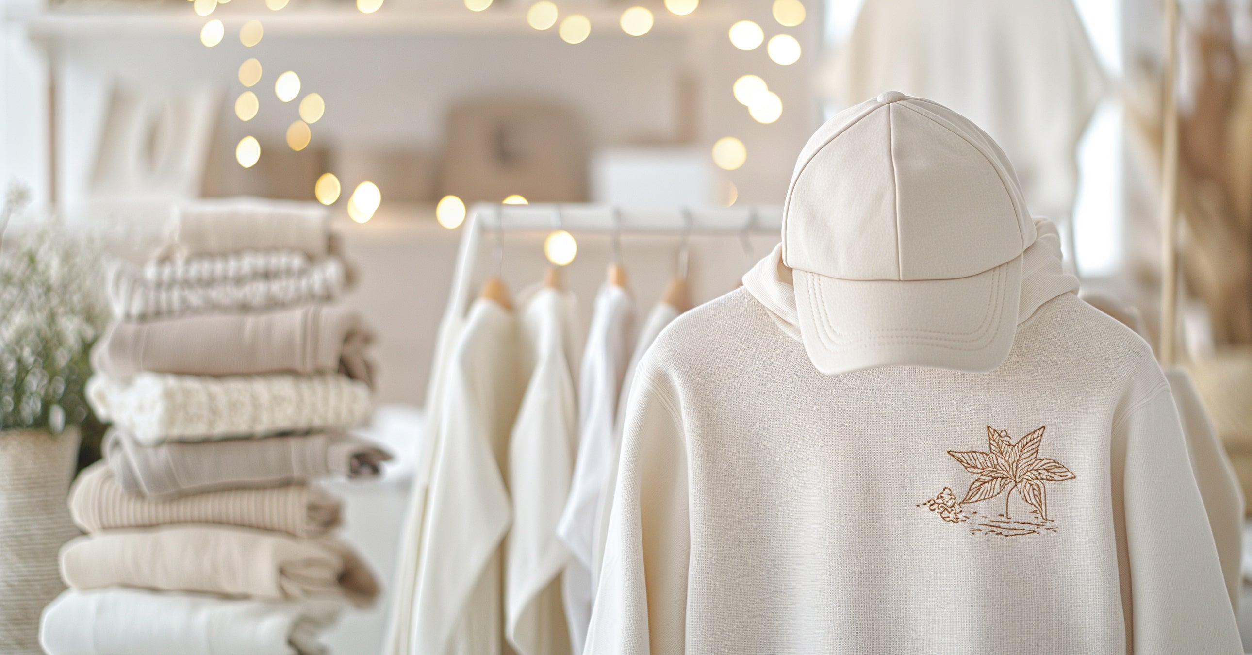 Custom embroidered cream white hoodie with light brown stitching